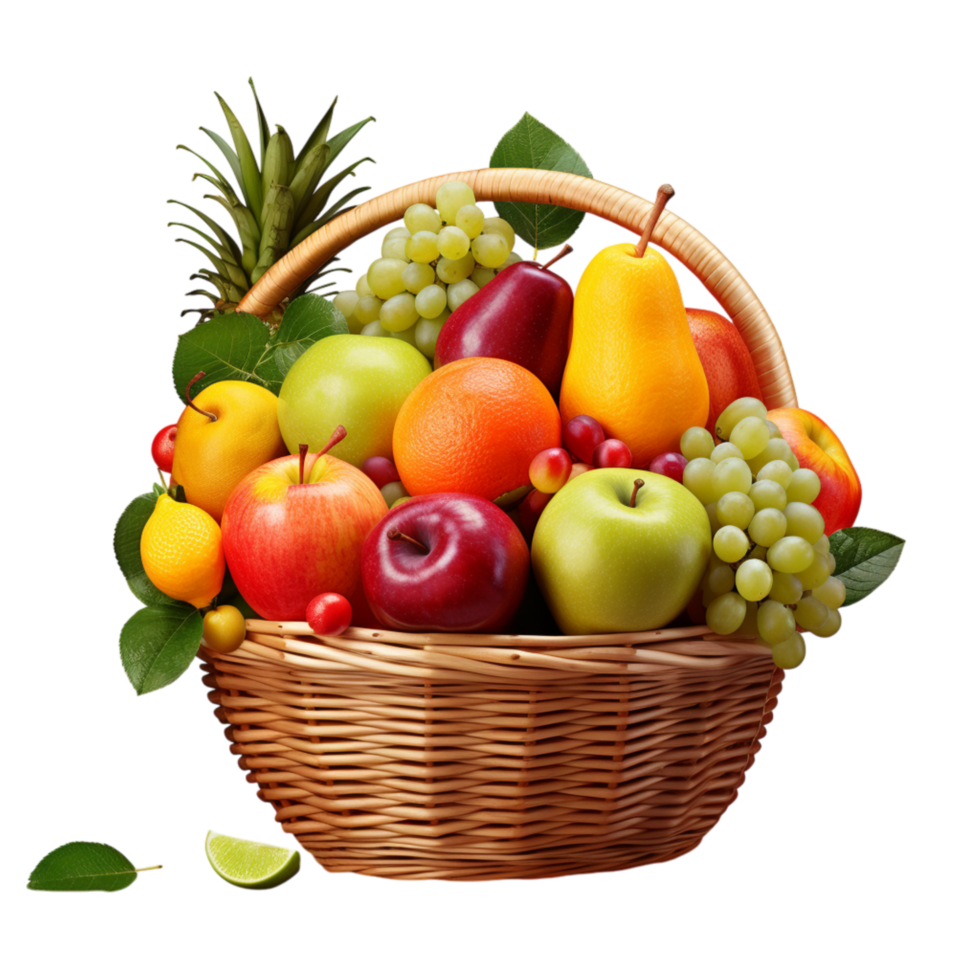 Wicker basket filled with a variety of fresh, ripe fruits png