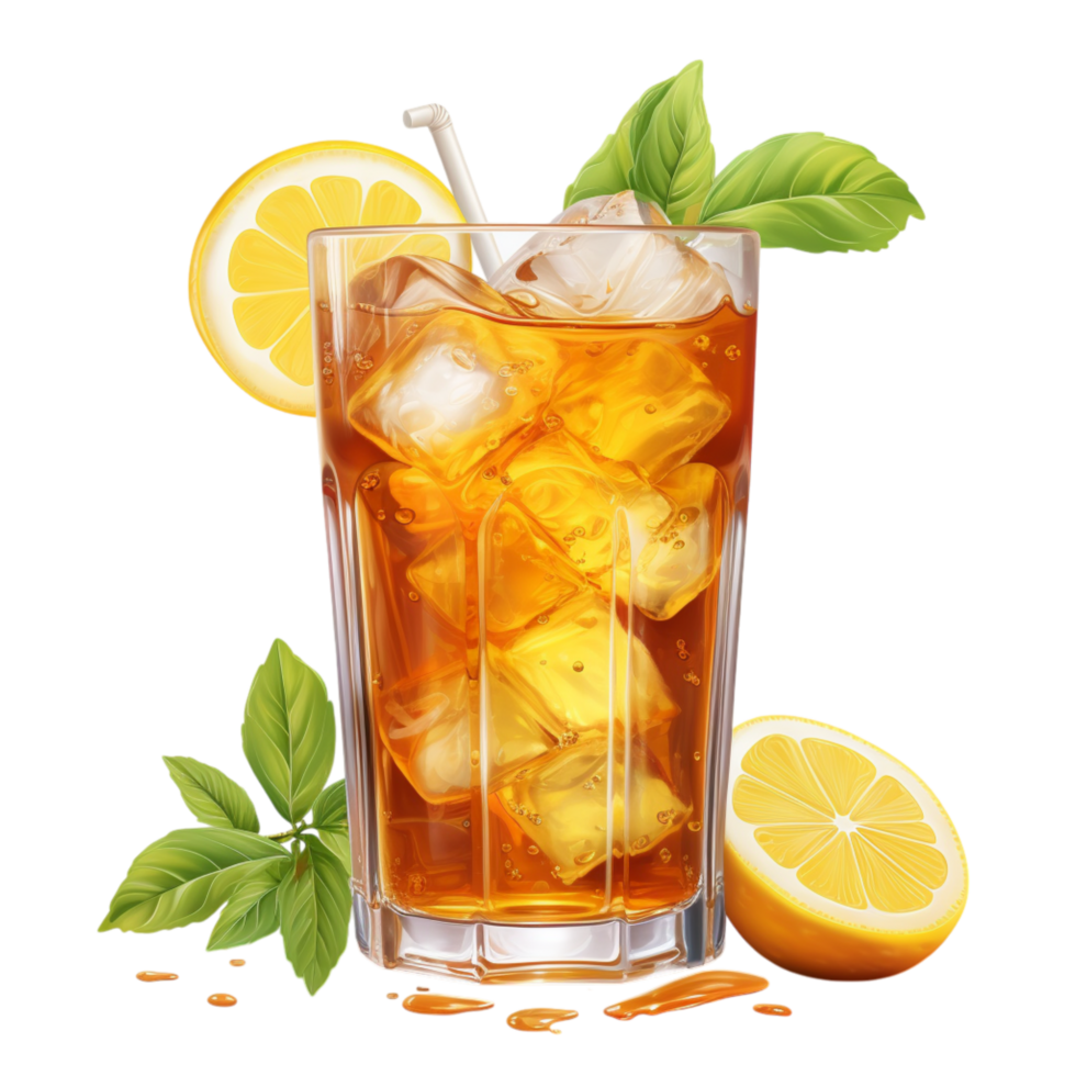 Tall glass of iced tea with fresh mint leaves and lemon slices png