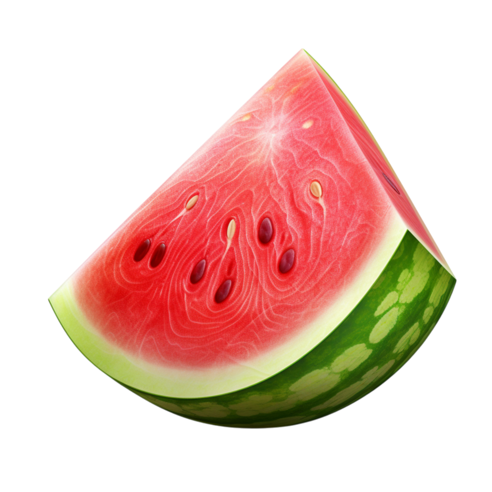 Juicy slice of watermelon with bright red flesh and black seeds png
