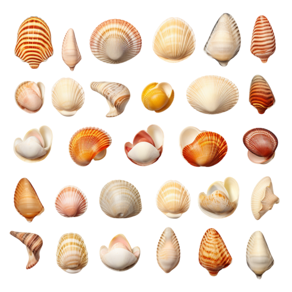 Collection of various seashells in different shapes and colors png