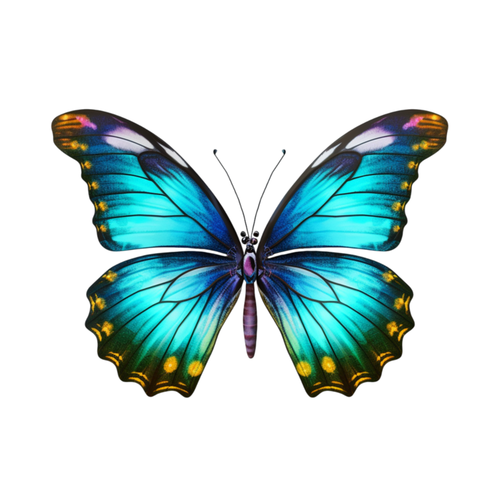 Vibrant butterfly with orange and blue patterned wings spread open symmetrically png