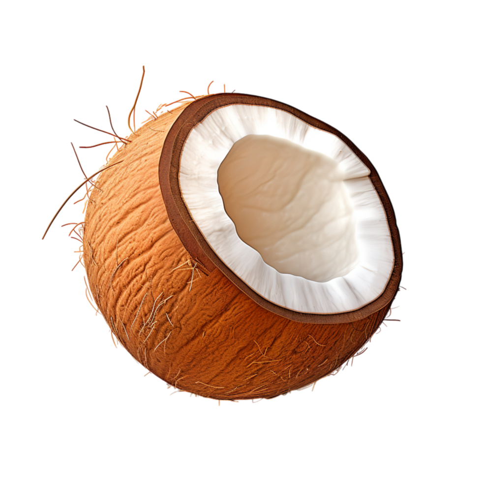 Ripe brown coconut split in half revealing the fresh white flesh png