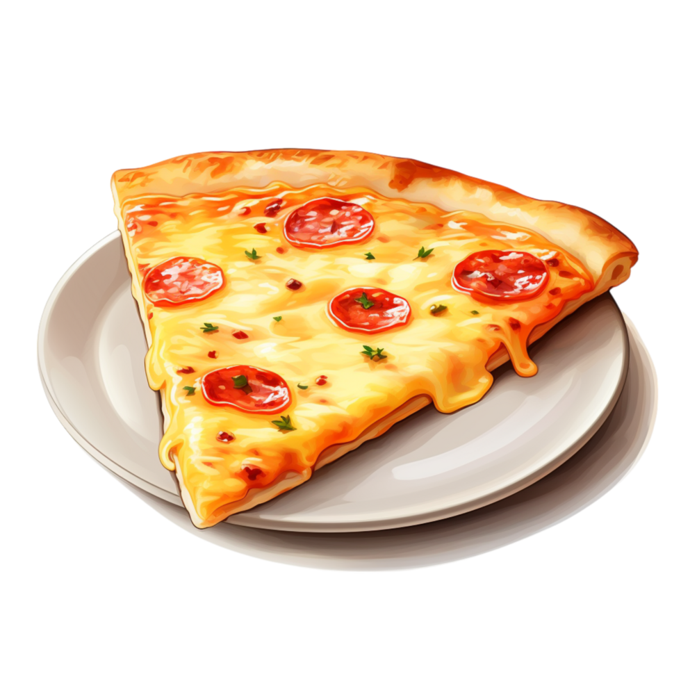Slice of delicious pizza with melted cheese and various toppings served on a white plate png