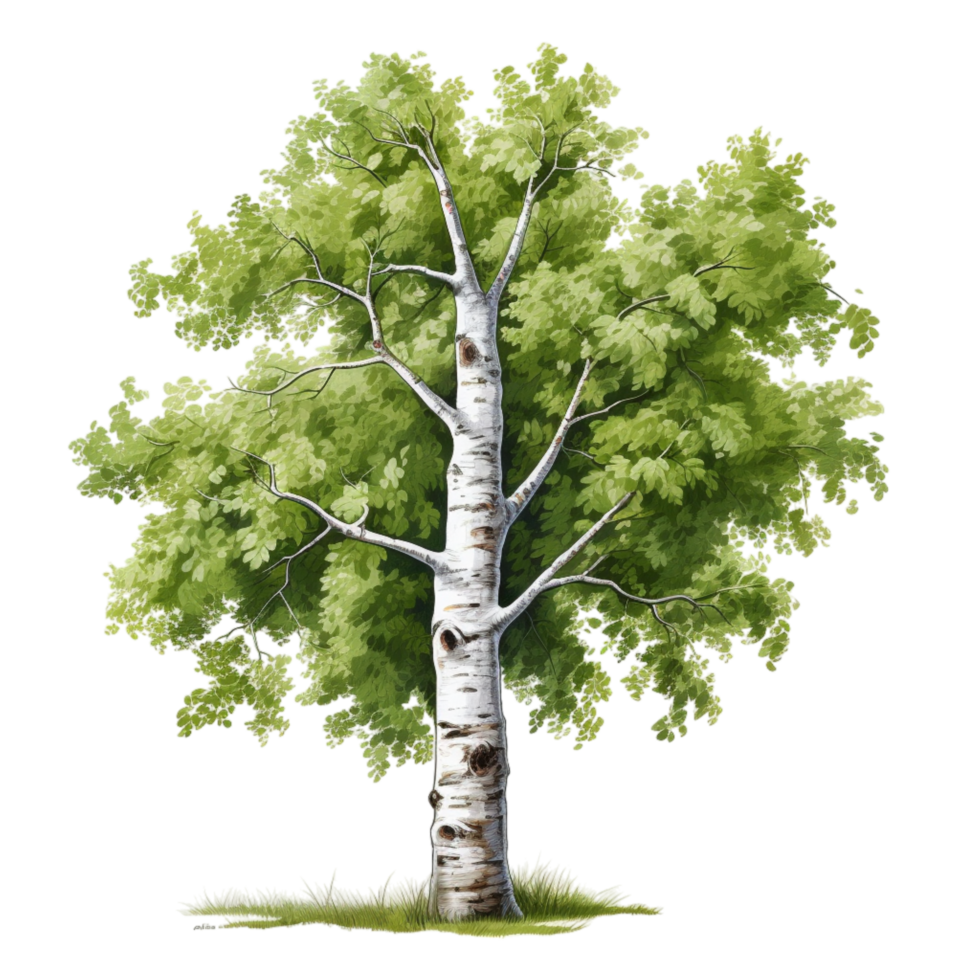 Tall, vibrant birch tree with bright green leaves standing against a clear sky png