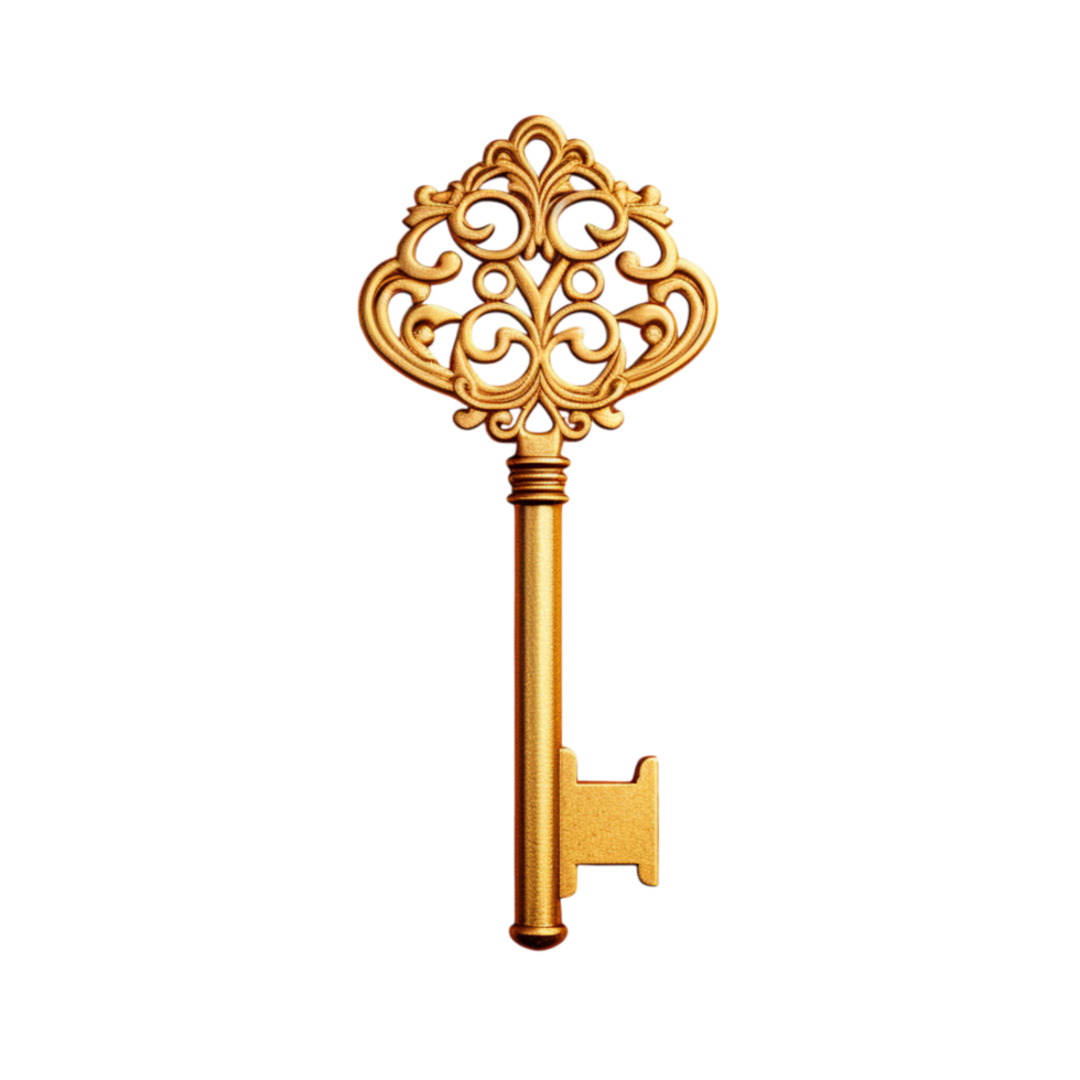 Golden antique key with an intricate heart-shaped design on top png