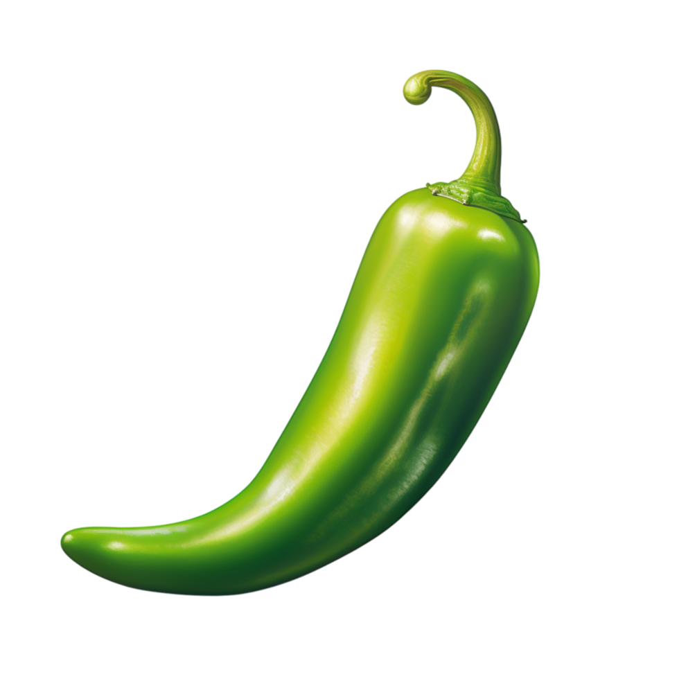Fresh green chili pepper with a curved stem and shiny surface png
