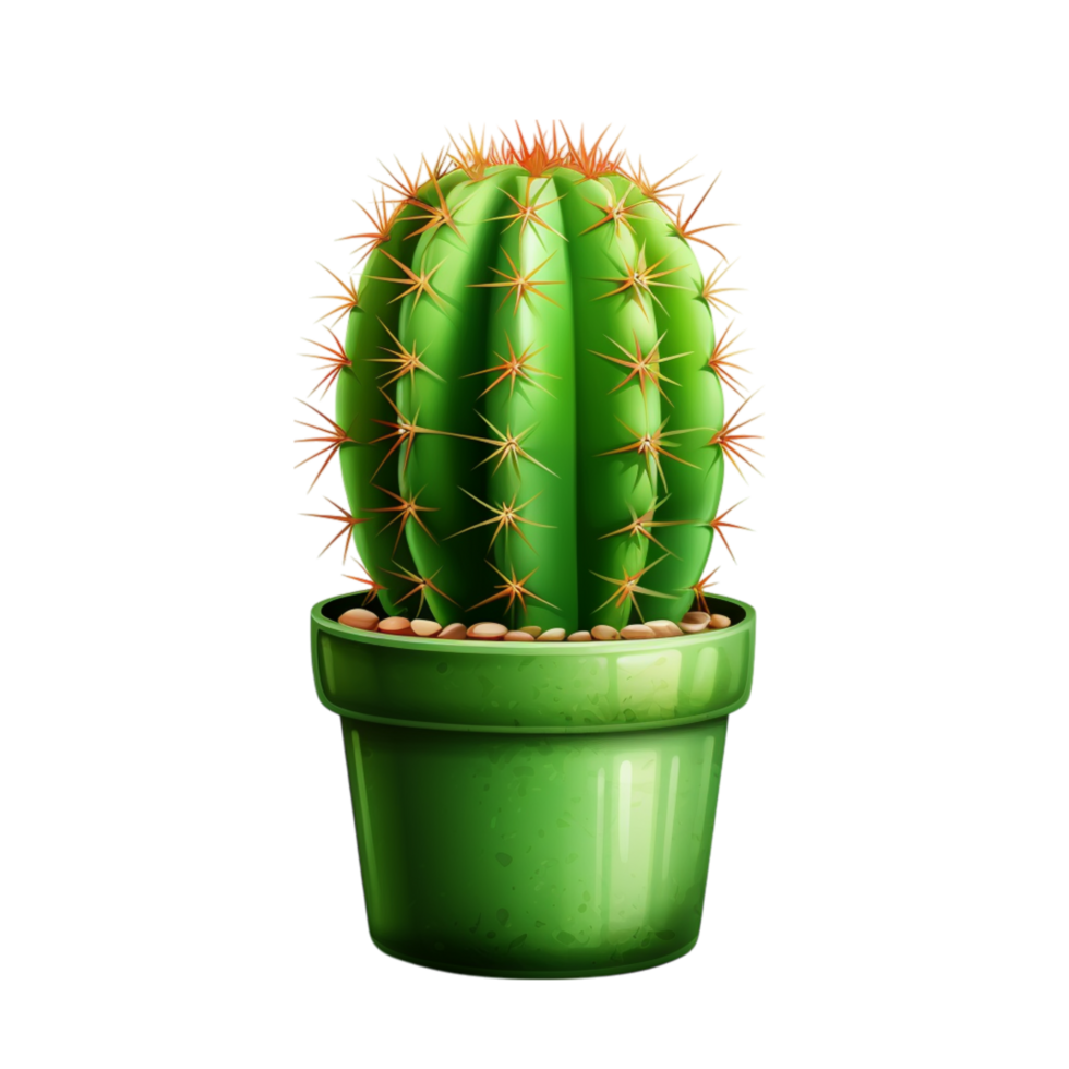 Green cactus plant in a simple ceramic pot with sharp spines png