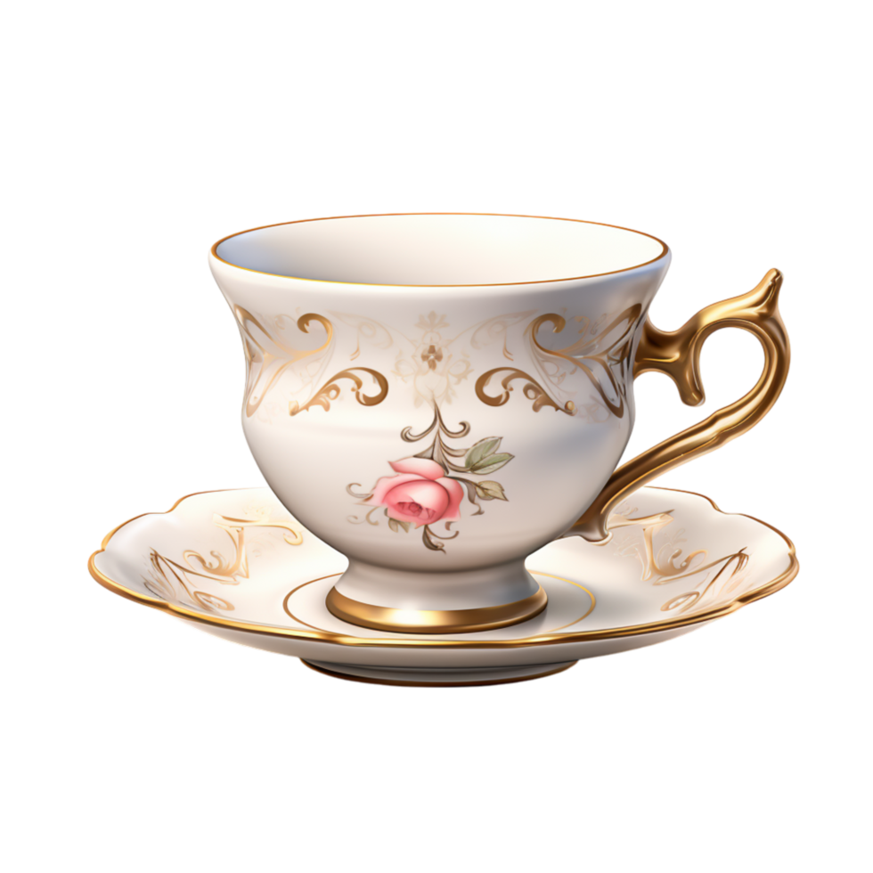 Elegant white teacup with a delicate golden rim and curved handle png