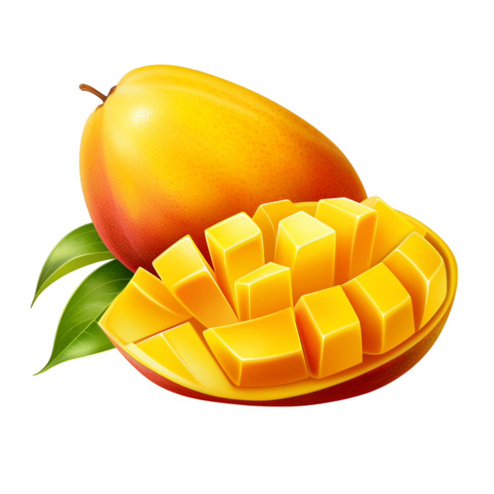Juicy ripe mango sliced into perfect cubes with a green leaf png