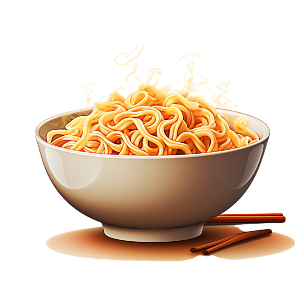 Bowl of steaming instant noodles with red chopsticks on the side png
