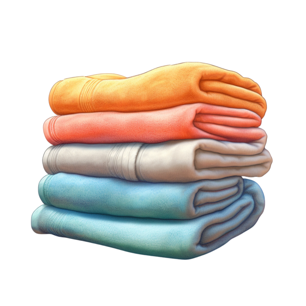Neatly folded soft blankets in shades of orange, blue, and white png