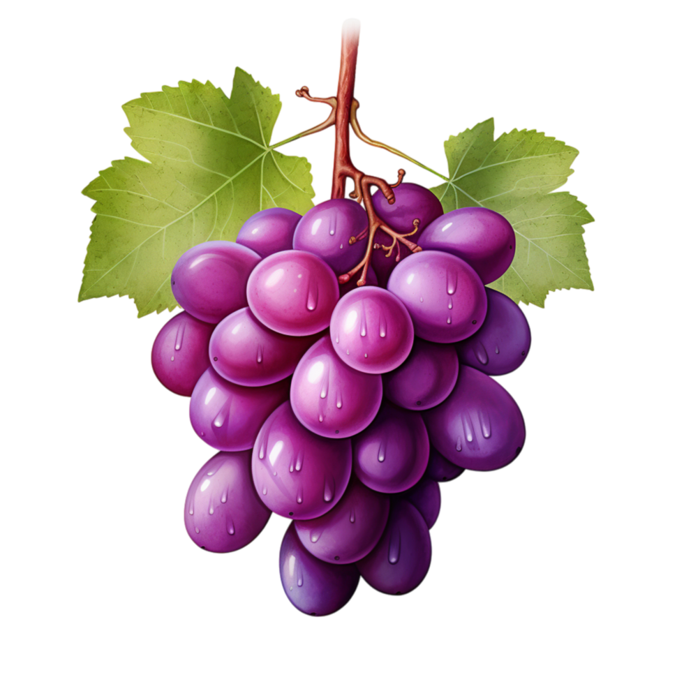 Bunch of ripe purple grapes with a green leaf attached to the stem png
