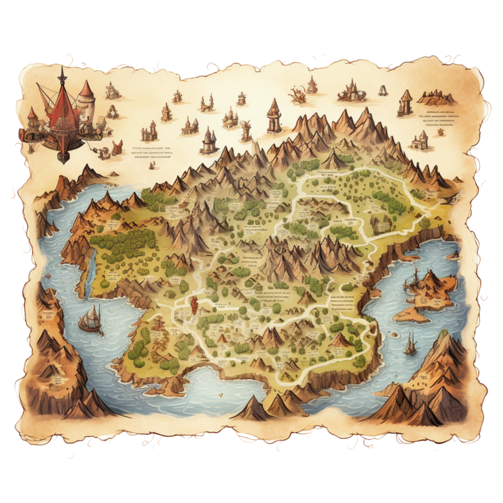 Old treasure map featuring mountains, forests, and pirate ships png