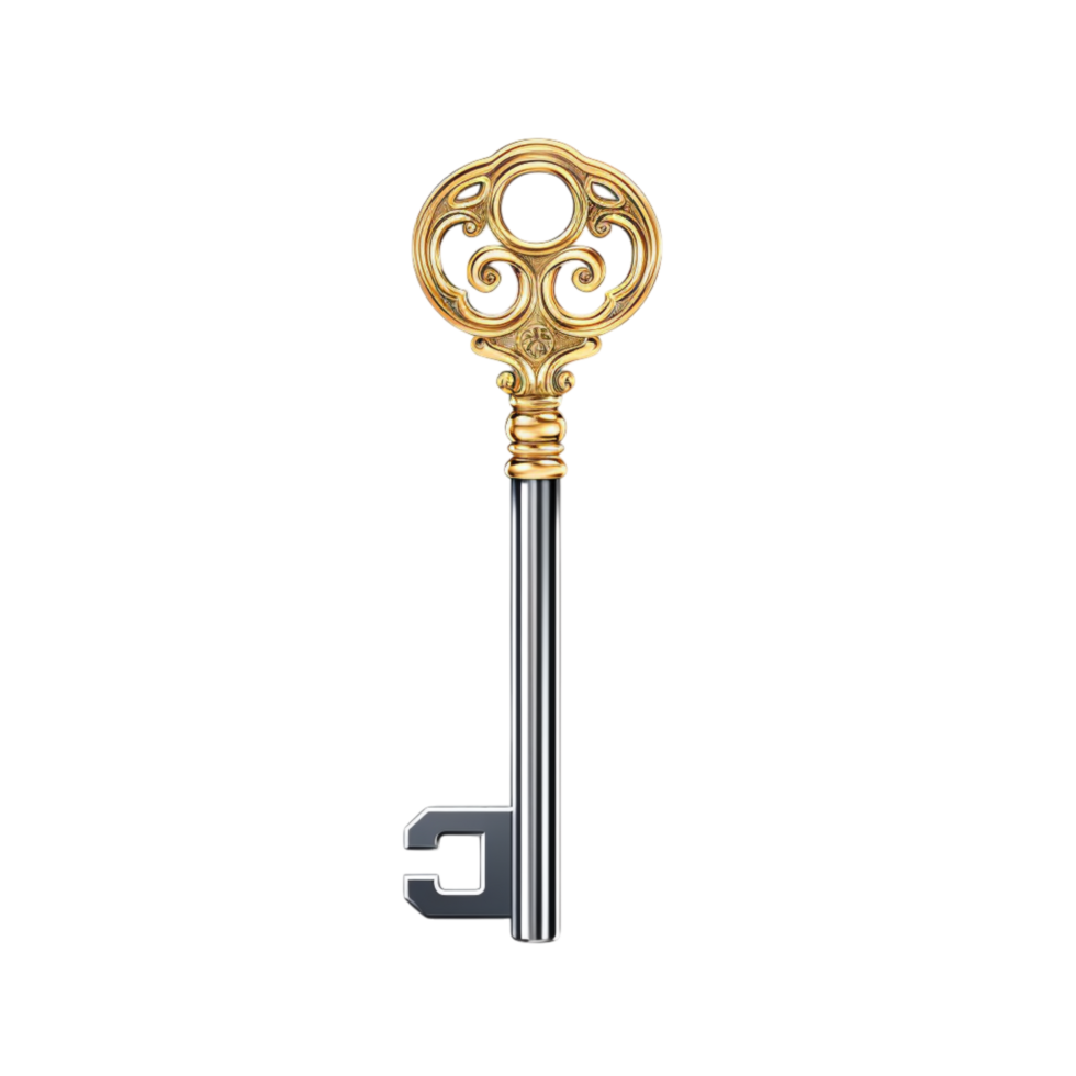 Antique silver key with a round handle and intricate engravings png