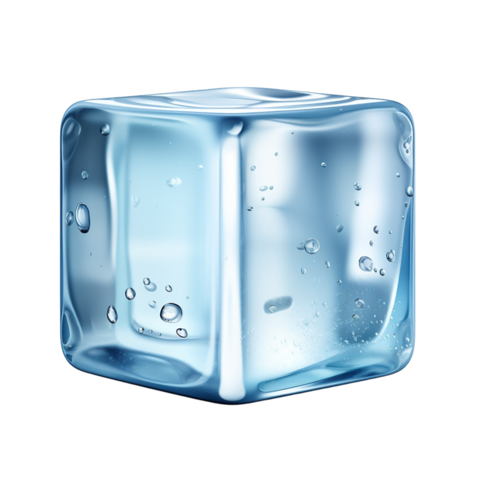 Melting ice cube with water droplets and air bubbles inside png