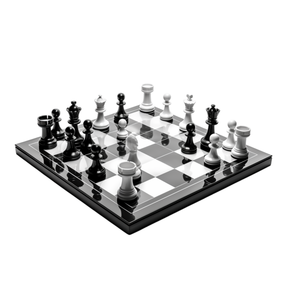 Classic black and white chess set with pieces arranged for a match png
