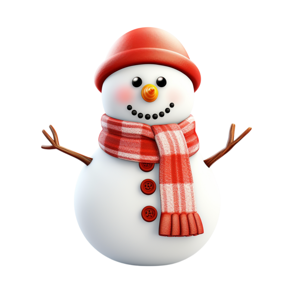 Cheerful snowman with a red scarf, black hat, and stick arms png