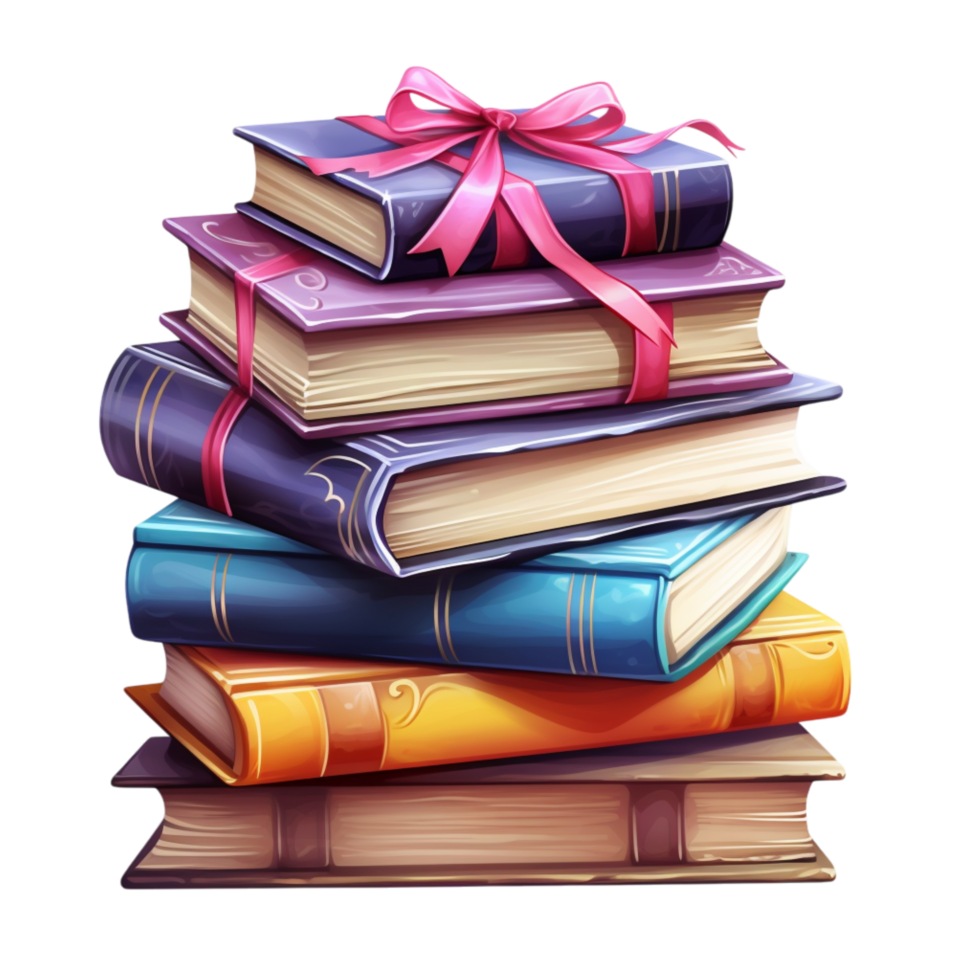 Neatly stacked pile of hardcover books in various colors, old and new png