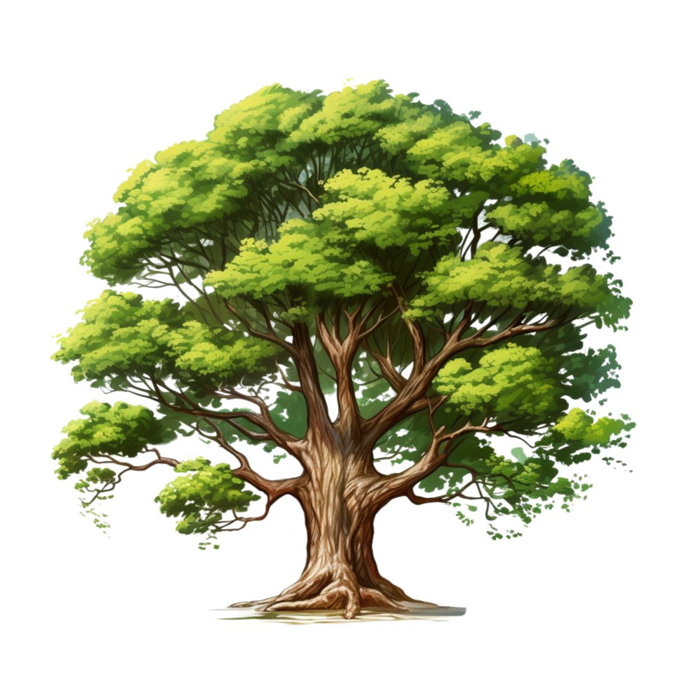 Lush green tree with a wide canopy and sturdy brown trunk png