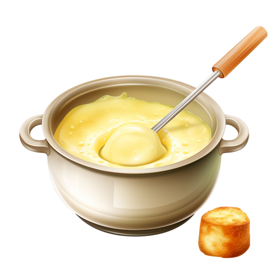 Creamy melted cheese in a pot with a wooden spoon png