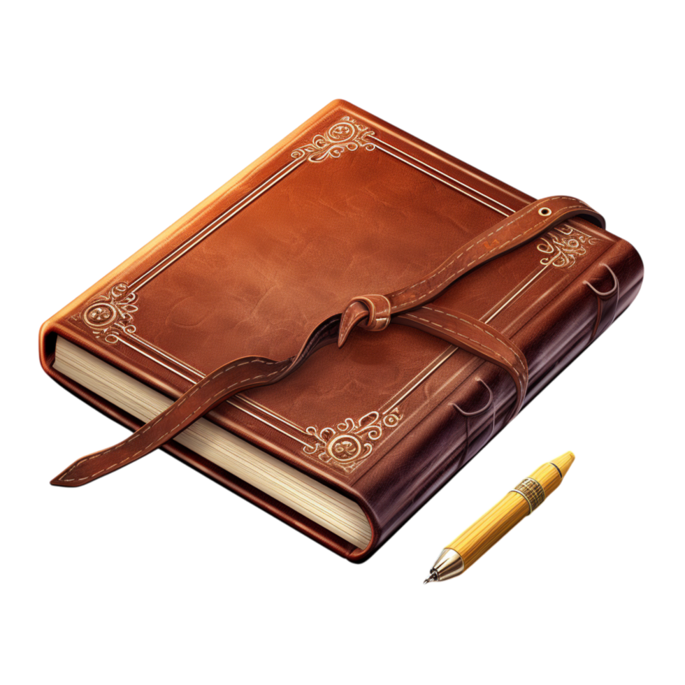 Elegant brown leather notebook featuring an intricate embossed design png