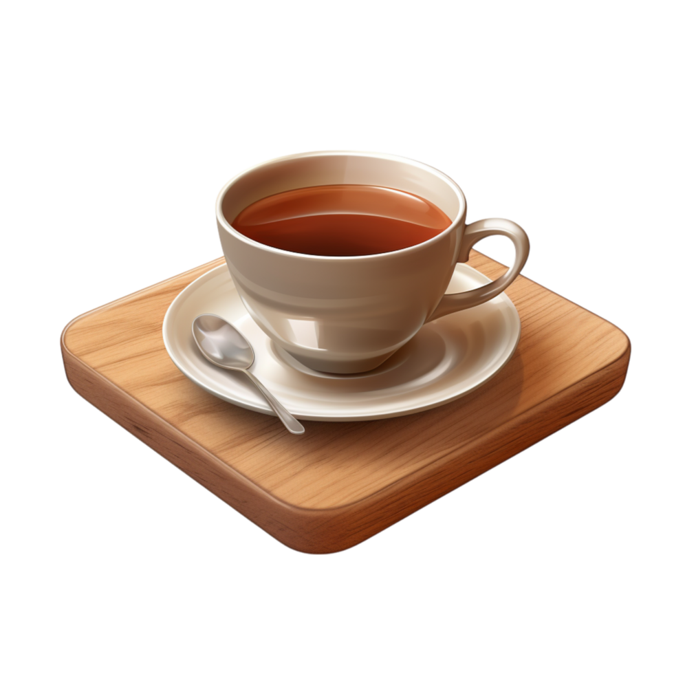 Cup of hot tea served on a wooden tray png
