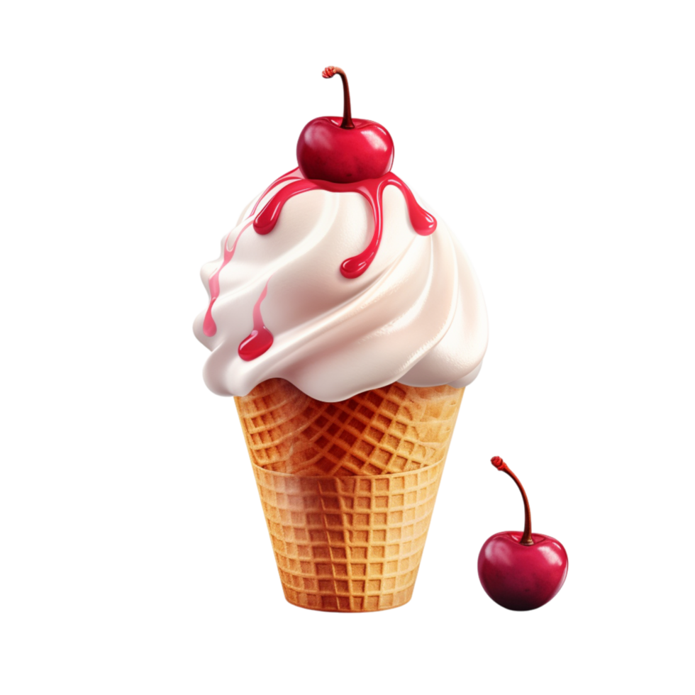 Ice cream cone topped with fluffy whipped cream and a cherry png