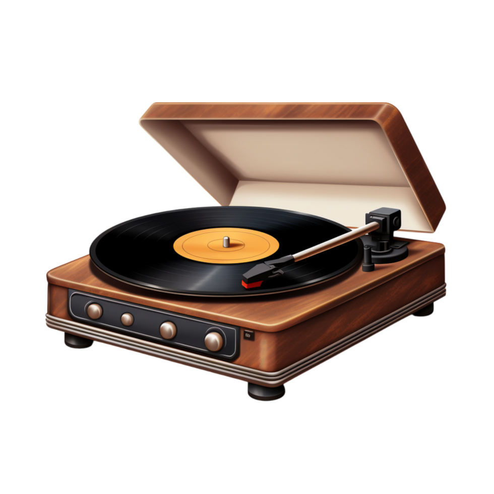 Wooden record player spinning a vinyl discse png