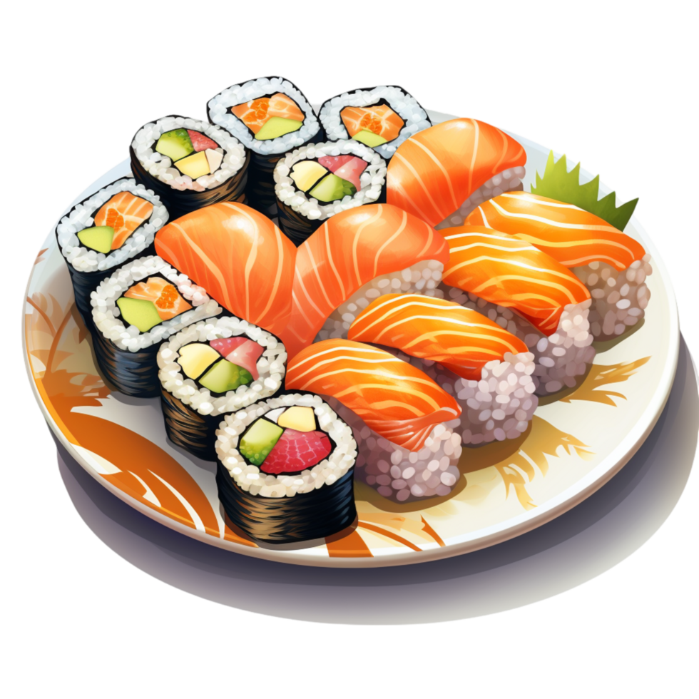 Delicious sushi platter featuring assorted rolls and chopsticks png