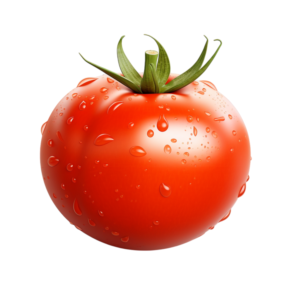 Shiny red tomato with fresh water drops and a green stem png