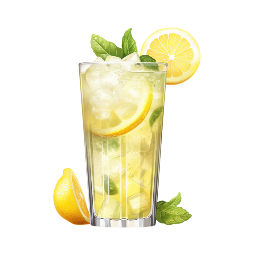 Refreshing lemonade served with ice cubes and lemon slices png