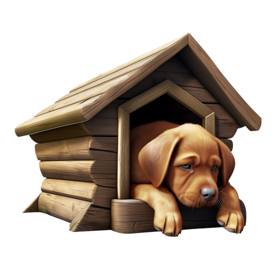 Cute puppy resting inside a small wooden doghouse png
