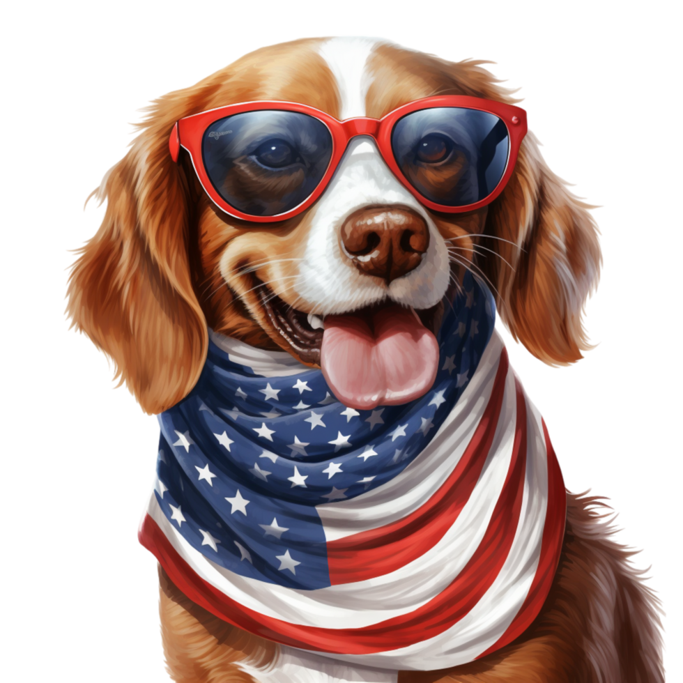 Cool dog wearing stylish sunglasses and an American flag scarf png
