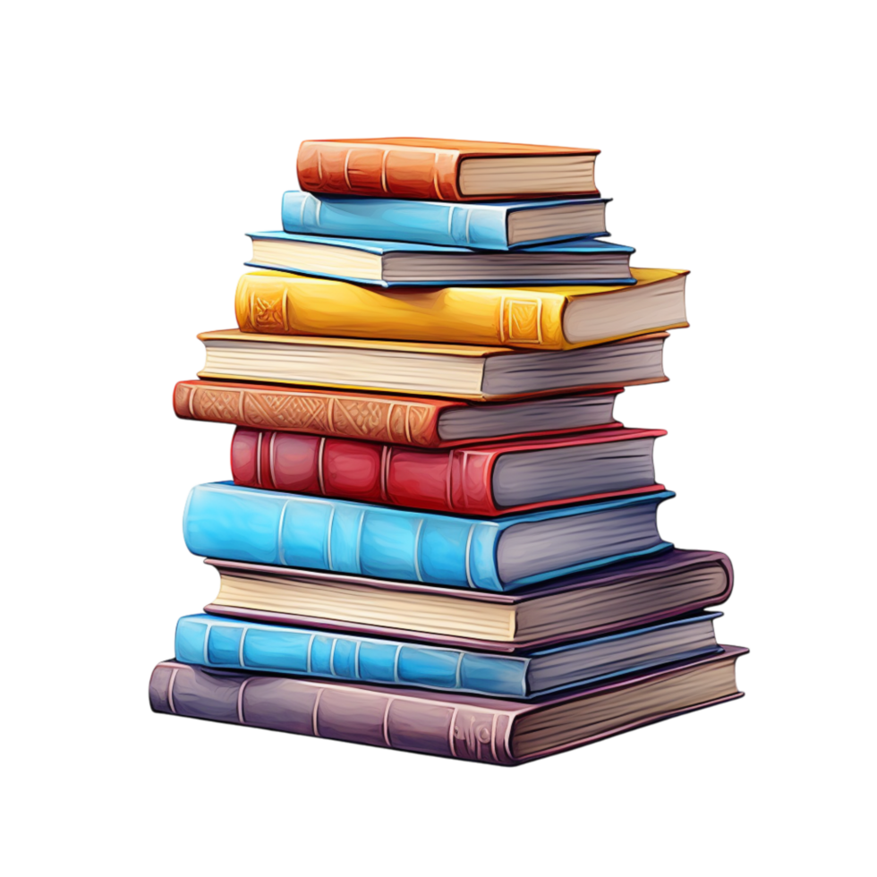 Stack of colorful books with bold covers and rich pages png