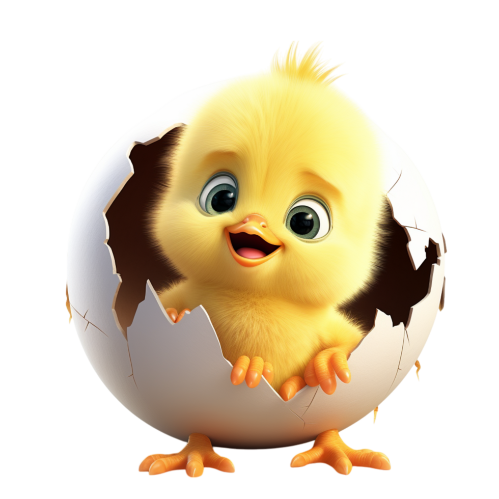 Cute, fluffy yellow chick emerging from a cracked eggshells png