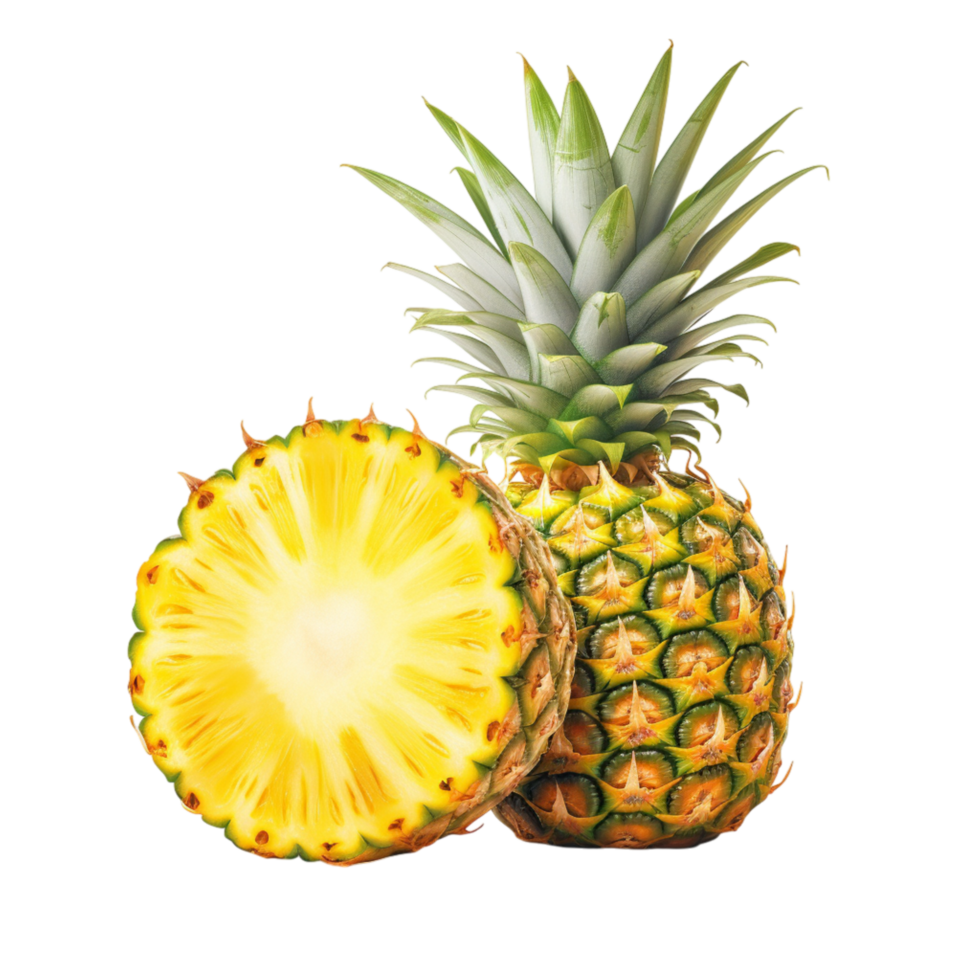 Whole and sliced pineapple showing bright yellow flesh and green crown png