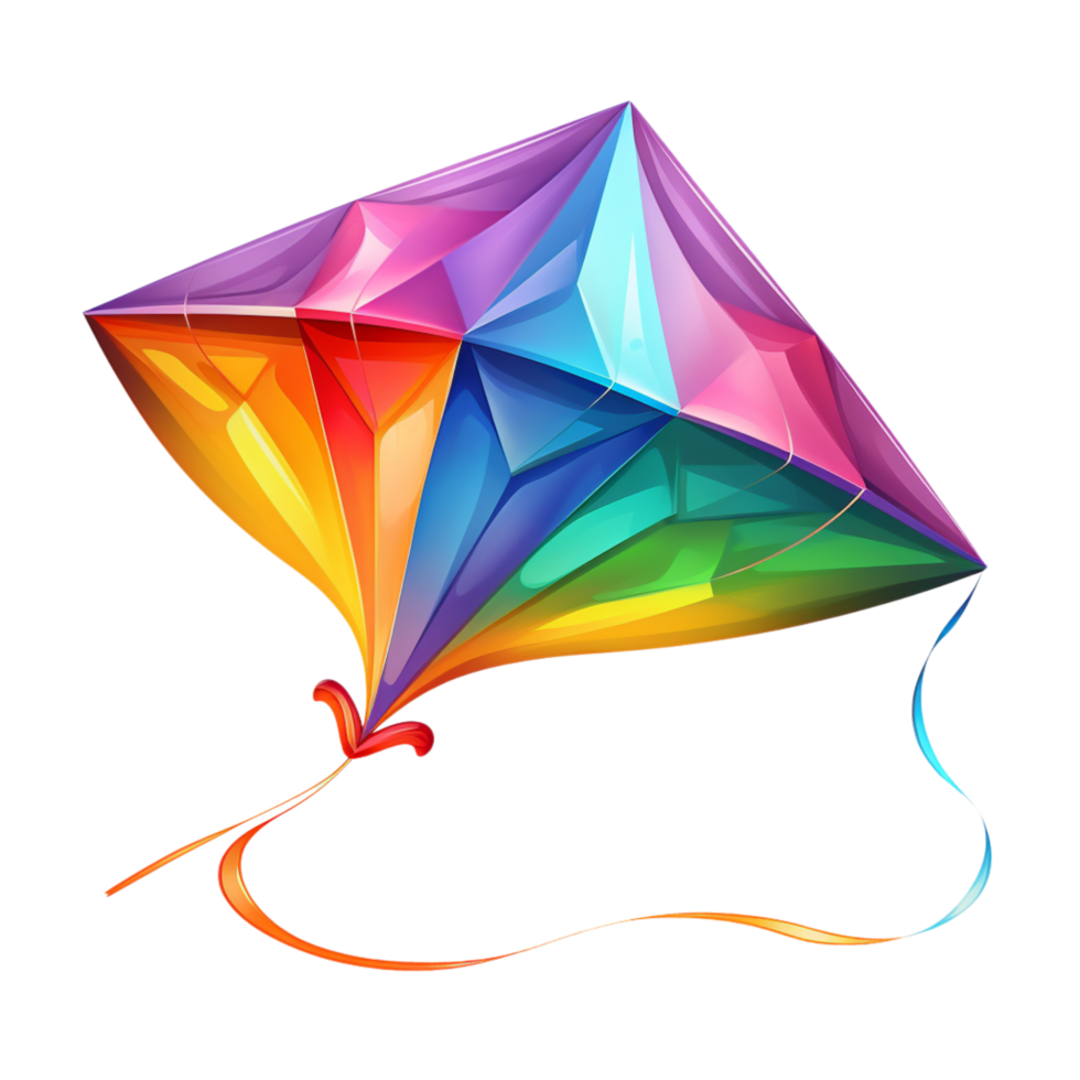 Colorful kite designed with rainbow patterns and flowing tail png
