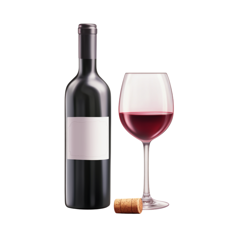 Bottle of red wine next to a glass filled with rich red liquid png