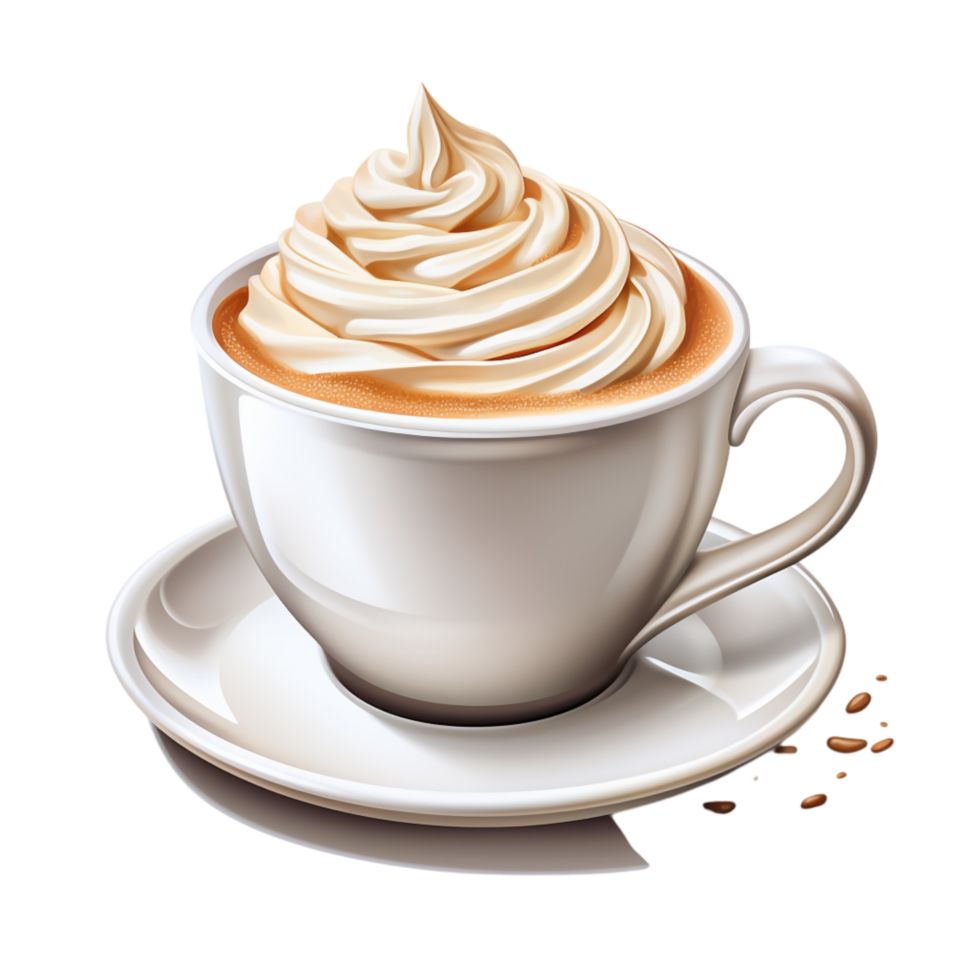 Hot cappuccino in a white cup with frothy swirls on top png