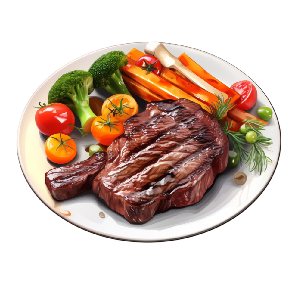 Grilled steak paired with roasted vegetables on a white plate png