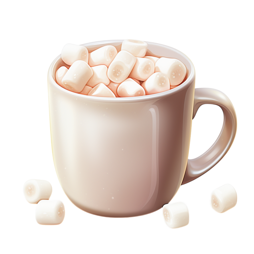 Hot cup of cocoa topped with fluffy white marshmallows png