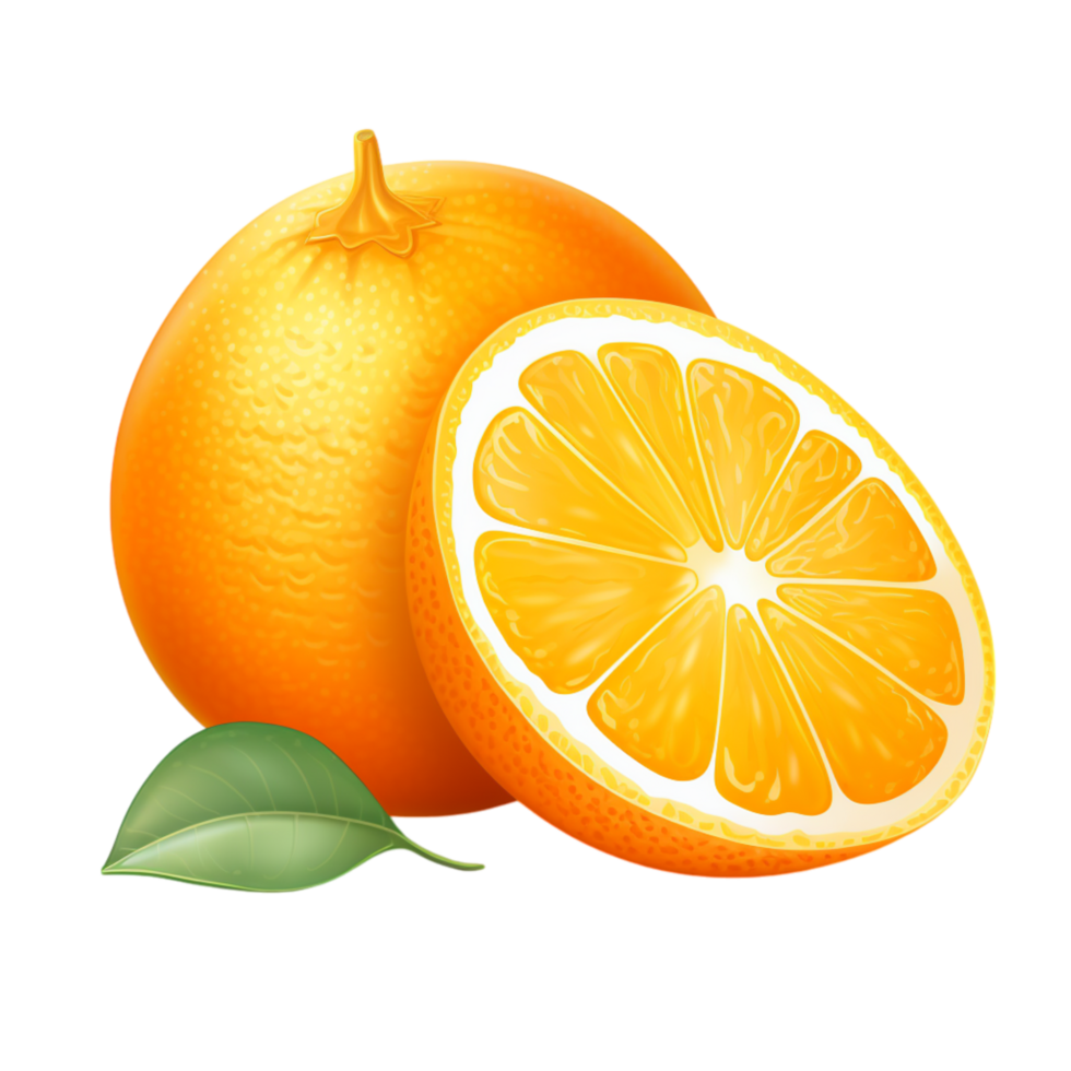 Whole orange fruit with a sliced piece showcasing its juicy inside png