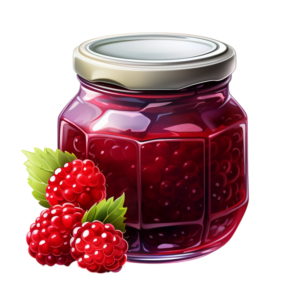 Glass jar of raspberry jam with a fresh raspberry placed beside it png