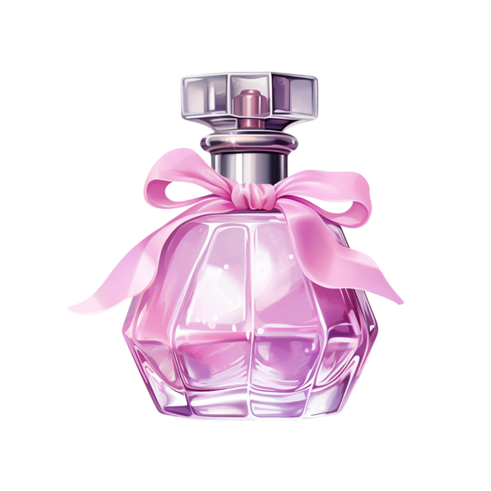 Elegant glass perfume bottle with a golden cap and soft ribbones png
