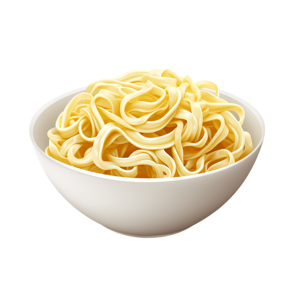 White ceramic bowl containing hot yellow noodles with a slightly glossy texture png