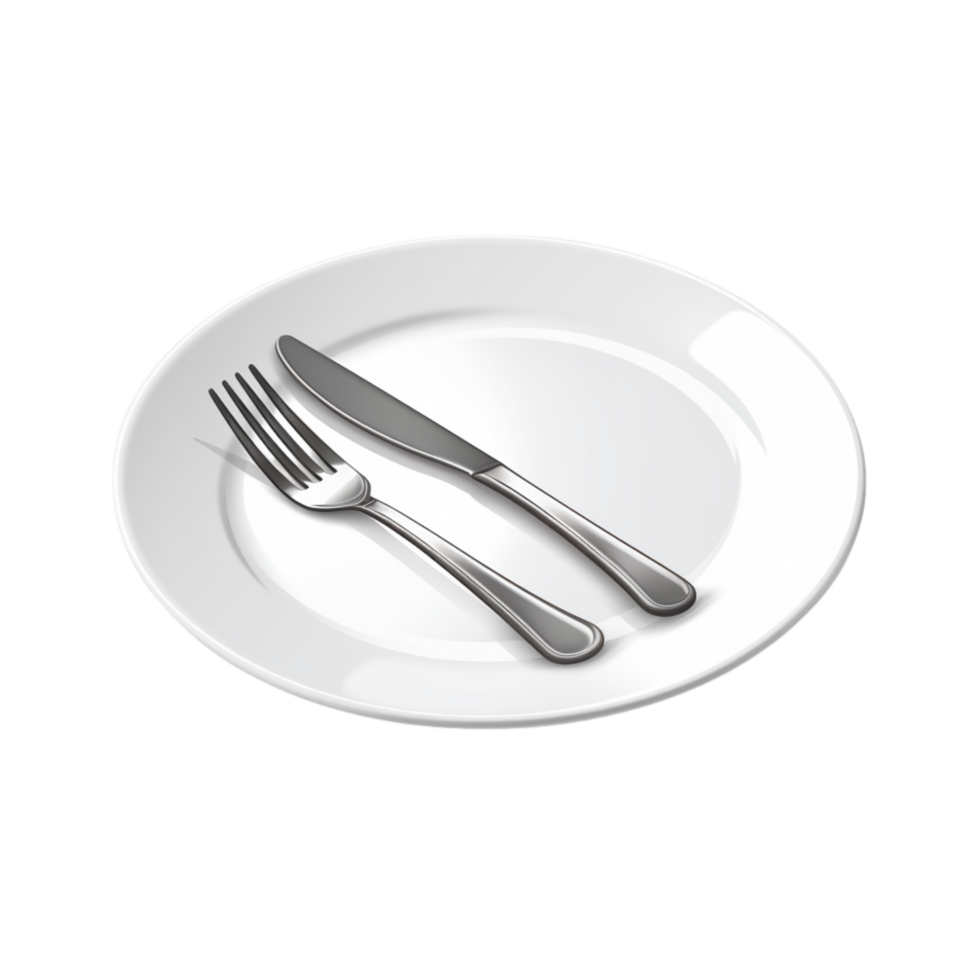 White ceramic plate with a fork and knife placed neatly beside it png
