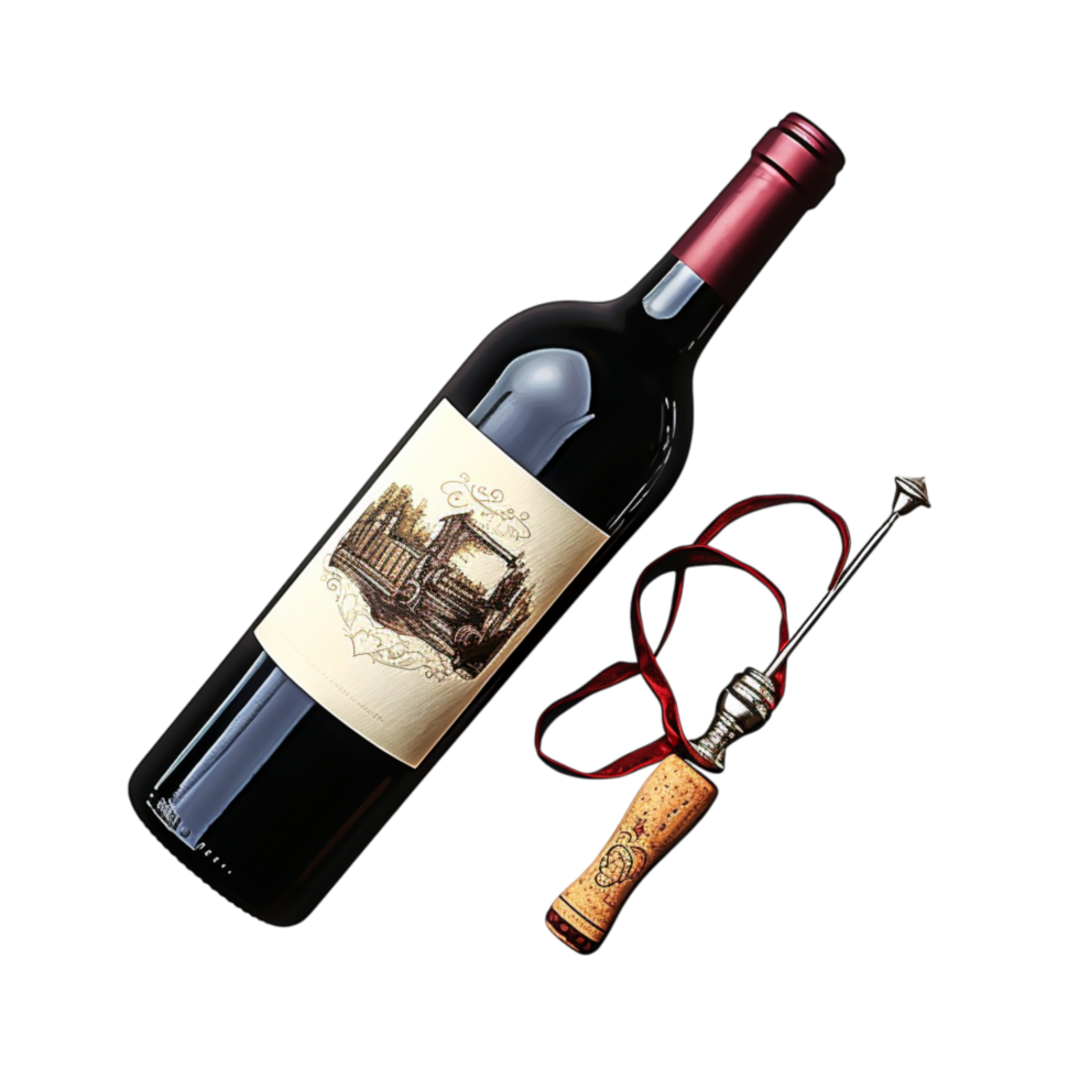 Elegant dark red wine bottle with a corkscrew positioned beside it png