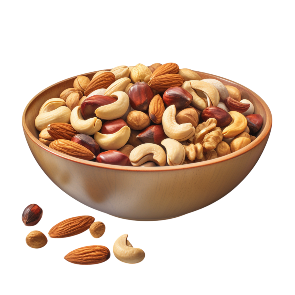 Wooden bowl filled with assorted crunchy mixed nuts png