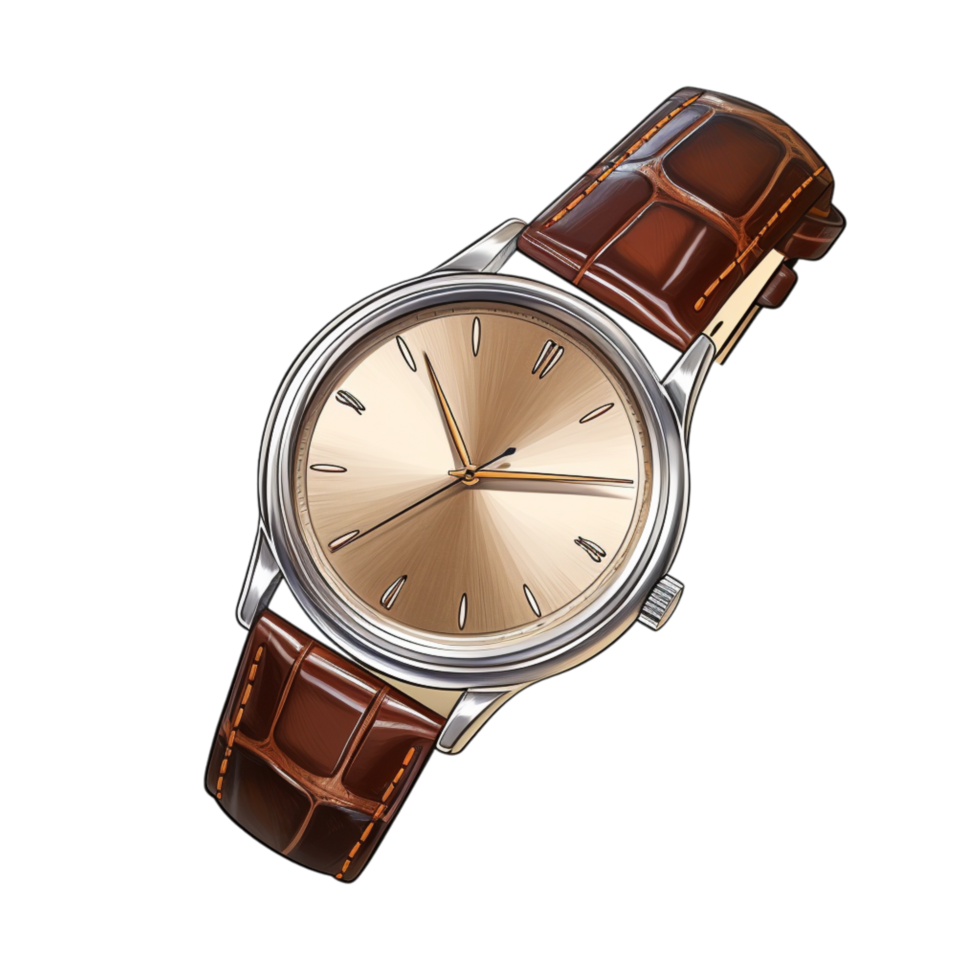 Classic wristwatch with a brown leather strap and Roman numerals png