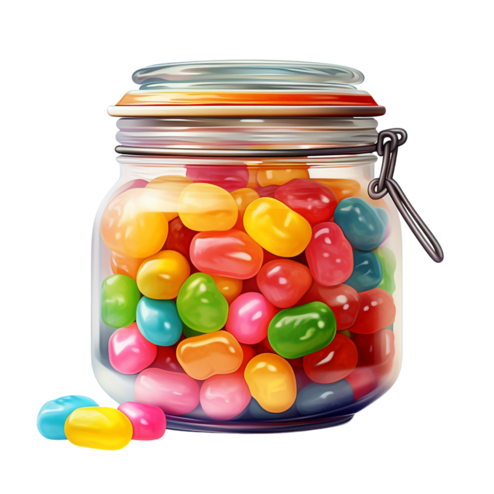 Glass jar packed with colorful jelly beans in vibrant hues png